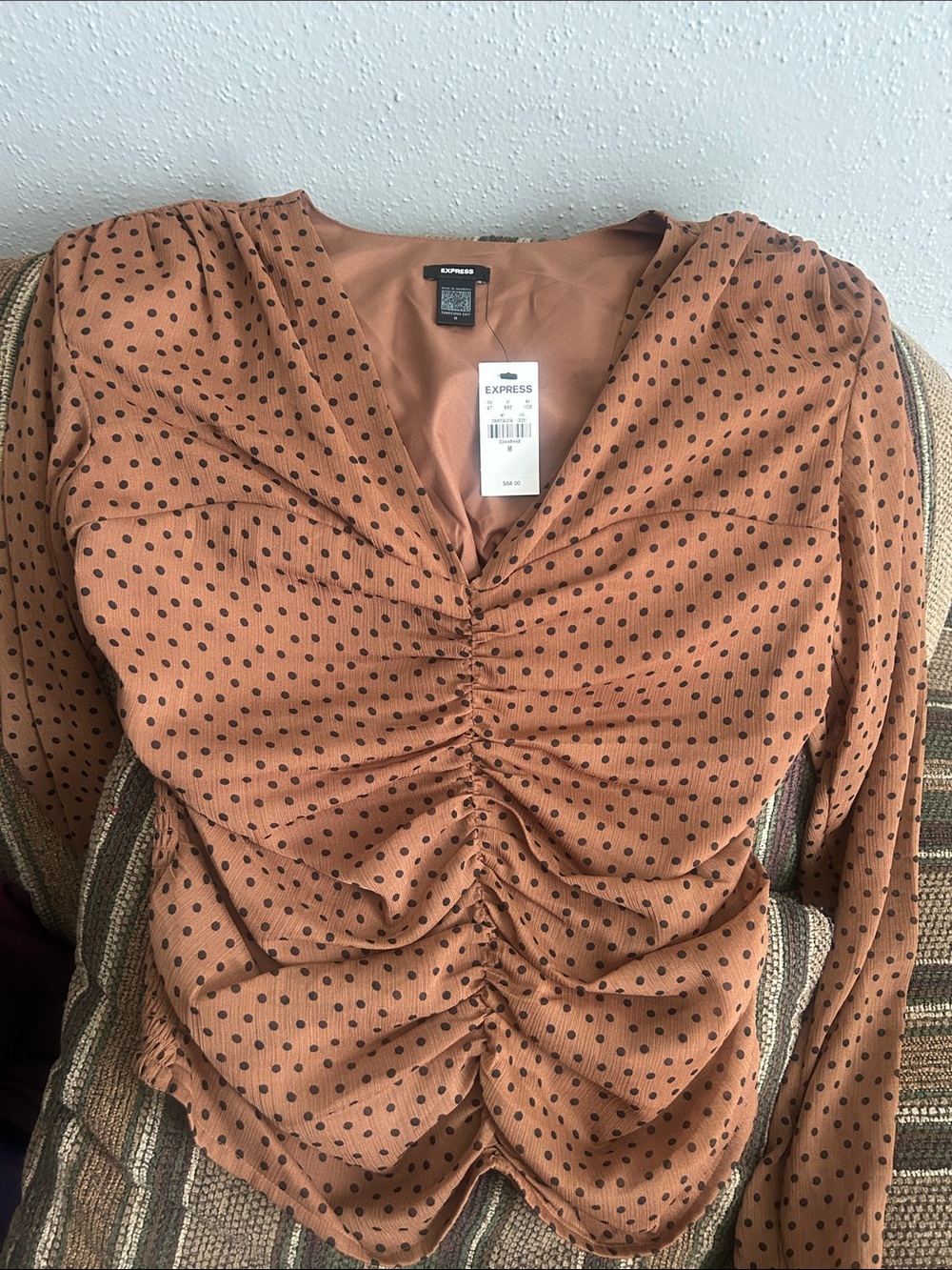 EXPRESS Rust Polka Dot Ruched V-Neck Blouse